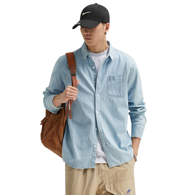 Men's Long Sleeve Solid Color Casual Thin Lapels Denim Shirt Men's Long Sleeve Solid Color Casual Thin Lapels Denim Shirt